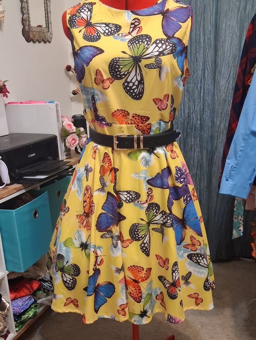 Yellow Butterfly Print Fit-and-Flare Dress